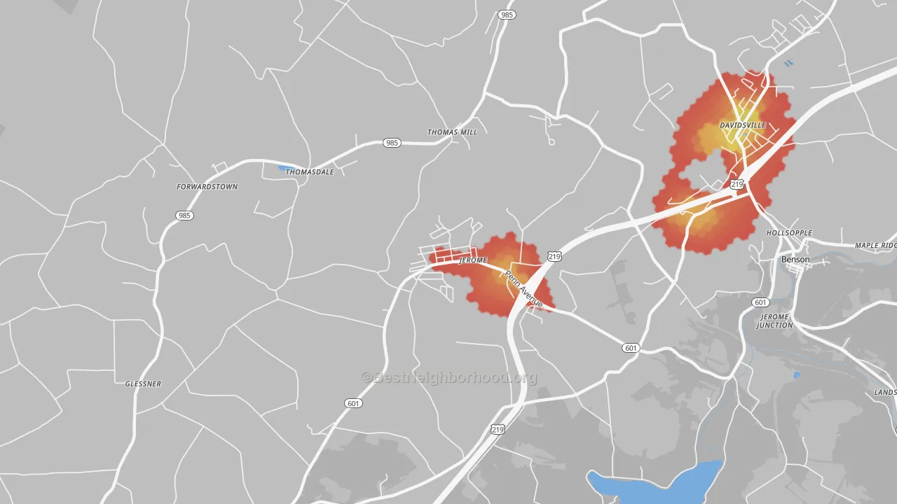 Walk Grade map of Jerome, PA, walkable areas in green and car-dependent areas in red