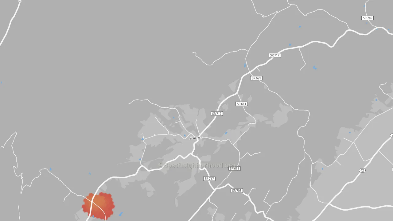 Walk Grade map of Jerome, VA, walkable areas in green and car-dependent areas in red