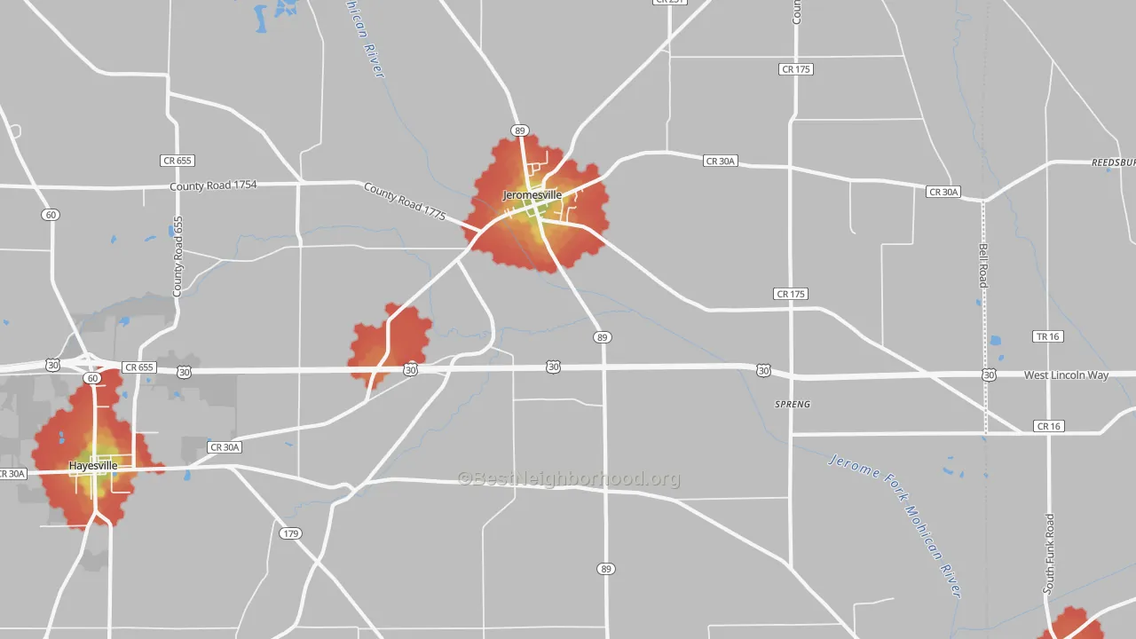 Walk Grade map of Jeromesville, OH, walkable areas in green and car-dependent areas in red