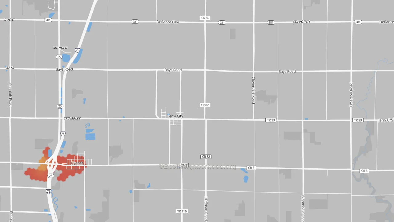 Walk Grade map of Jerry City, OH, walkable areas in green and car-dependent areas in red