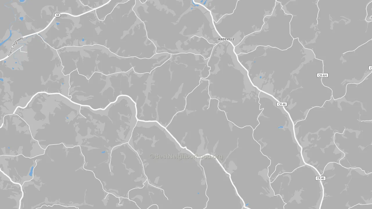 Walk Grade map of Jerrys Run, WV, walkable areas in green and car-dependent areas in red