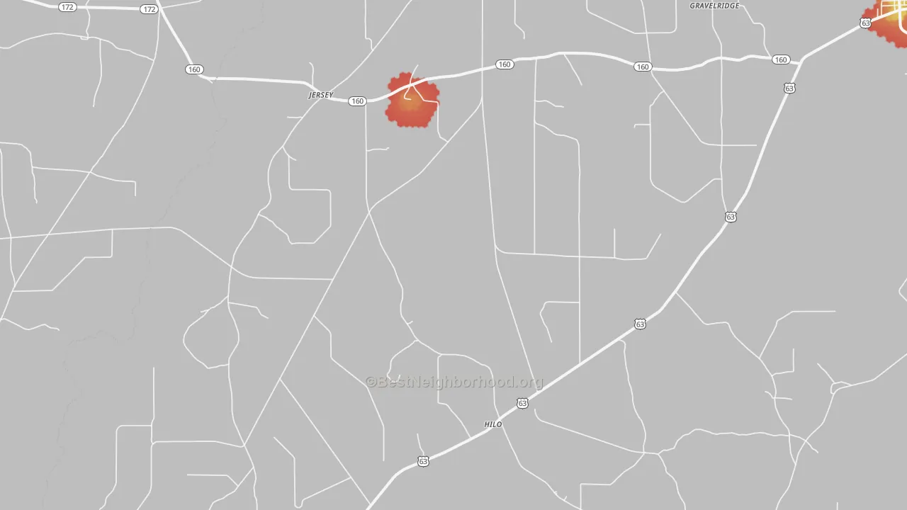 Walk Grade map of Jersey, AR, walkable areas in green and car-dependent areas in red