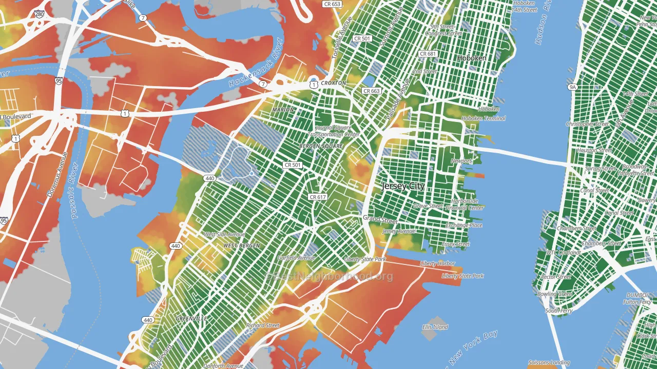 Walk Grade map of Jersey City, NJ, walkable areas in green and car-dependent areas in red