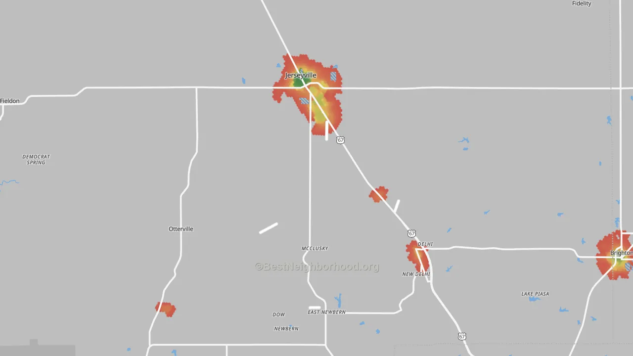 Walk Grade map of Jersey County, IL, walkable areas in green and car-dependent areas in red