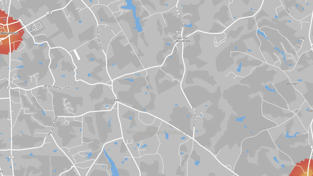Walk Grade map of Jersey, GA, walkable areas in green and car-dependent areas in red