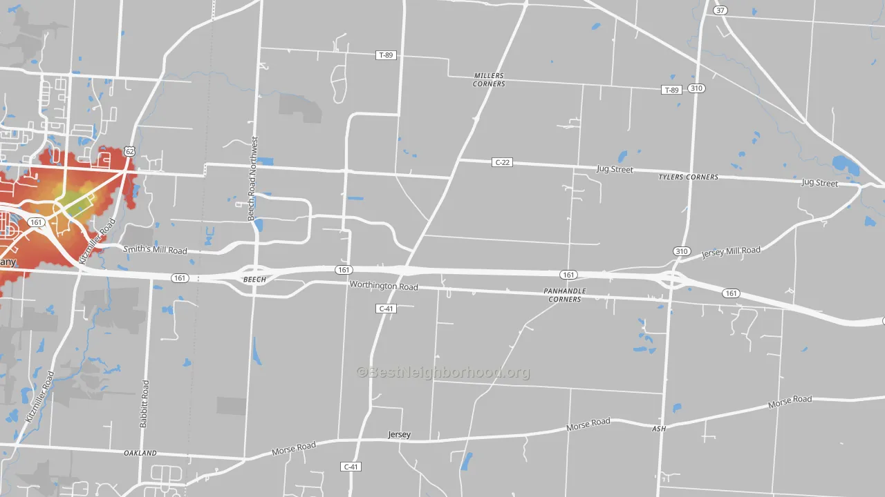 Walk Grade map of Jersey, OH, walkable areas in green and car-dependent areas in red