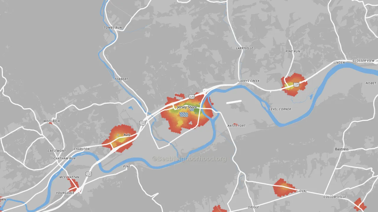Walk Grade map of Jersey Shore, PA, walkable areas in green and car-dependent areas in red