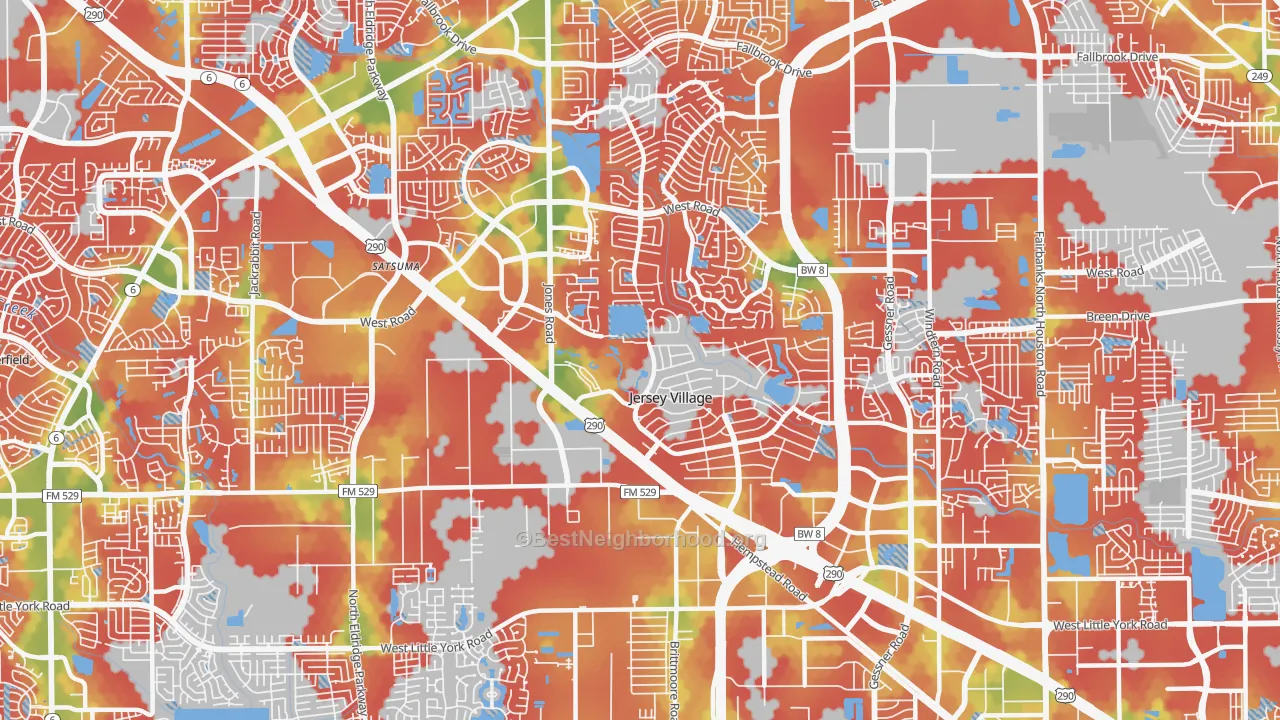 Walk Grade map of Jersey Village, TX, walkable areas in green and car-dependent areas in red