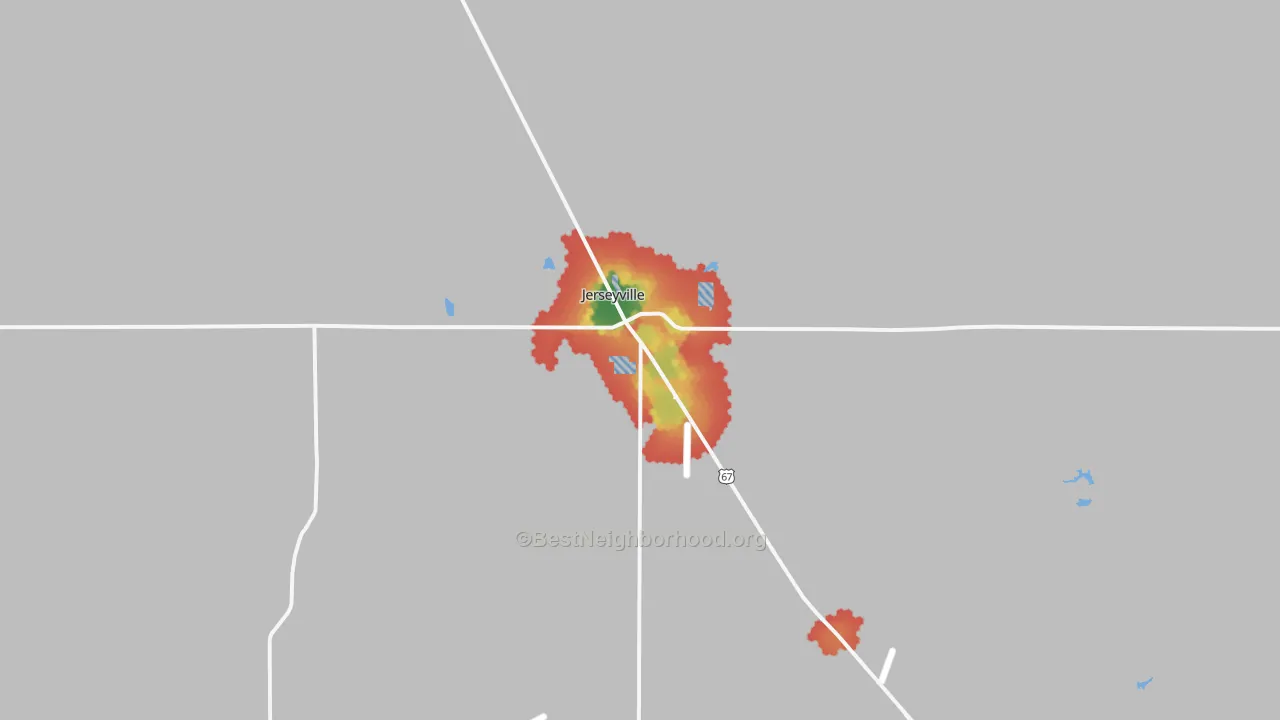 Walk Grade map of Jerseyville, IL, walkable areas in green and car-dependent areas in red