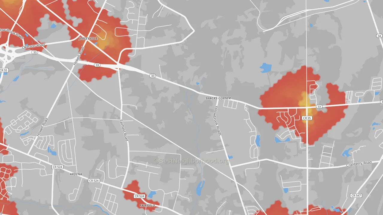Walk Grade map of Jerseyville, NJ, walkable areas in green and car-dependent areas in red