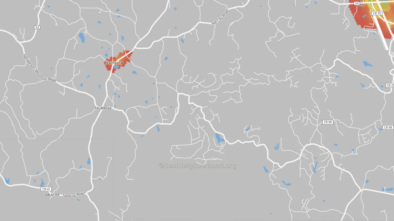 Walk Grade map of Jerusalem, GA, walkable areas in green and car-dependent areas in red