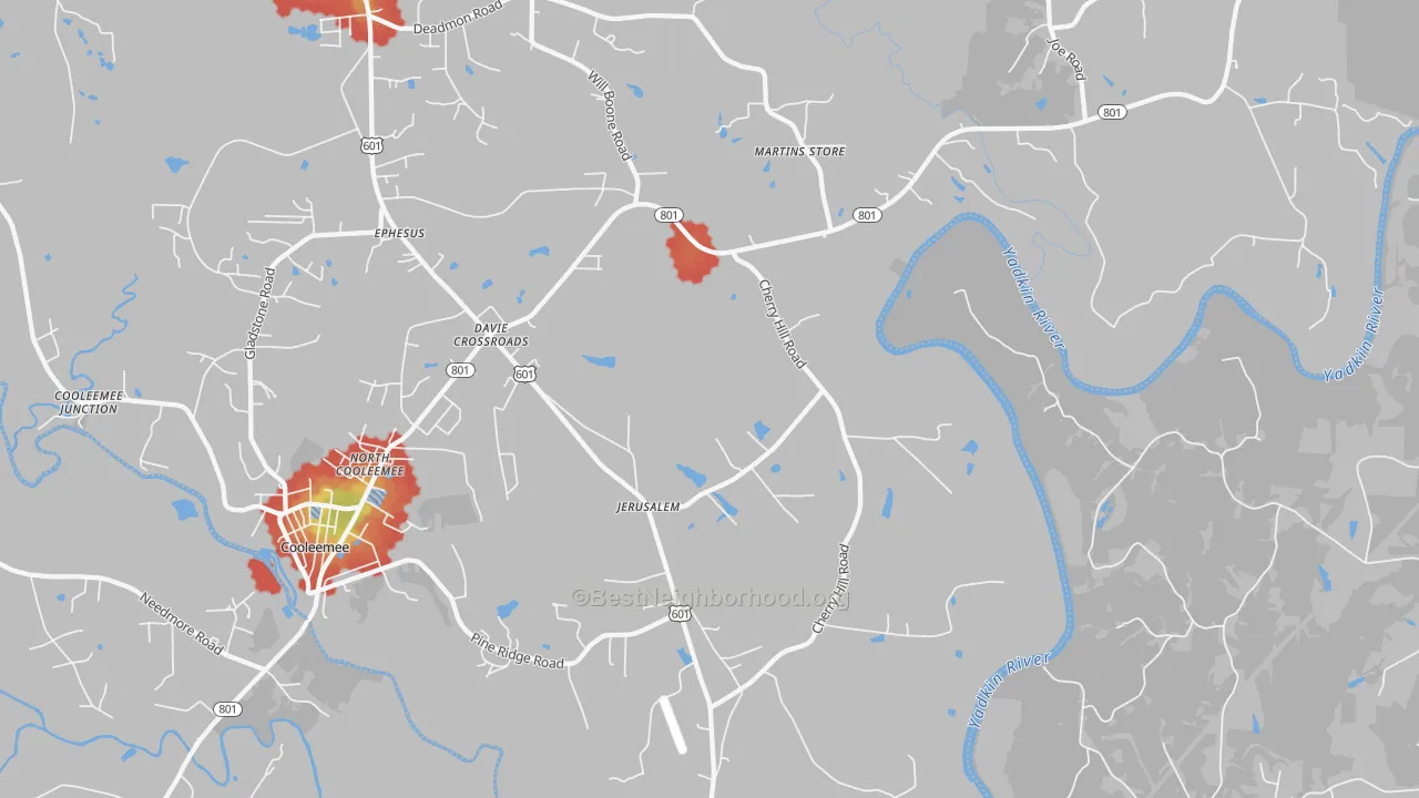 Walk Grade map of Jerusalem, NC, walkable areas in green and car-dependent areas in red