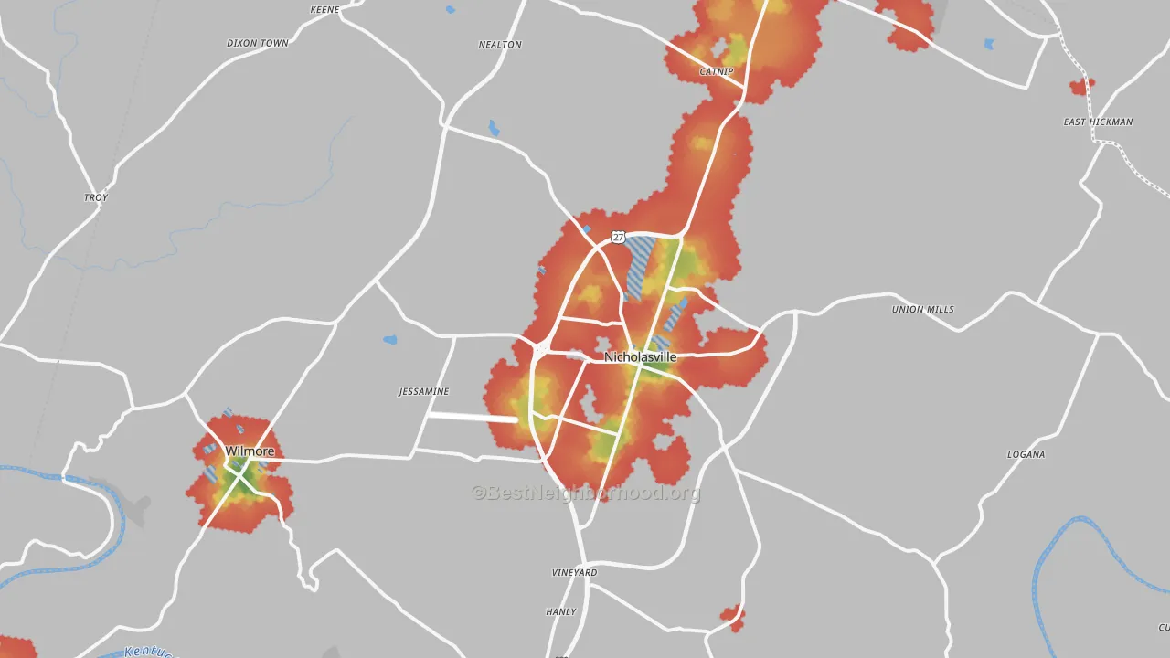 Walk Grade map of Jessamine County, KY, walkable areas in green and car-dependent areas in red