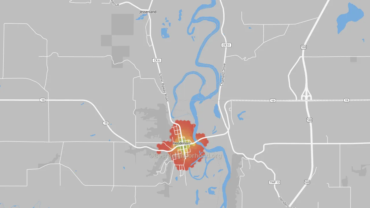 Walk Grade map of Jessenland, MN, walkable areas in green and car-dependent areas in red