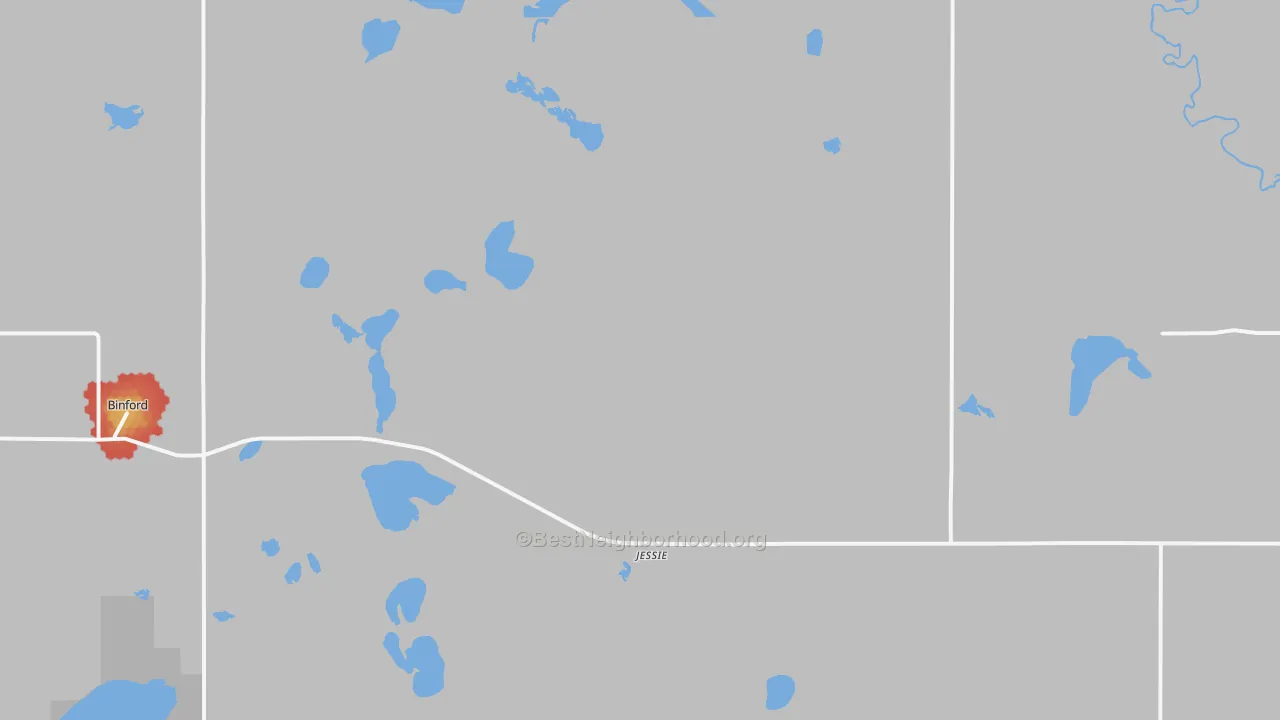 Walk Grade map of Jessie, ND, walkable areas in green and car-dependent areas in red