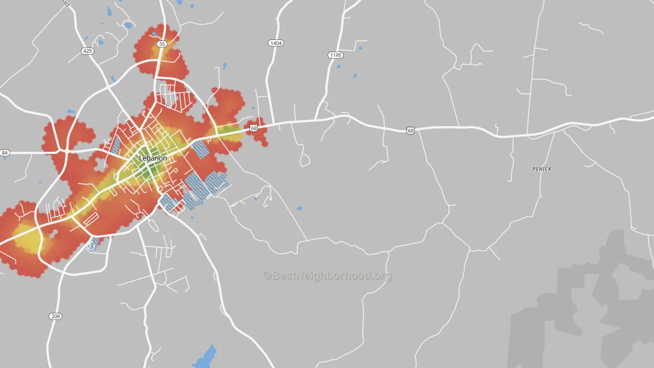 Walk Grade map of Jessietown, KY, walkable areas in green and car-dependent areas in red