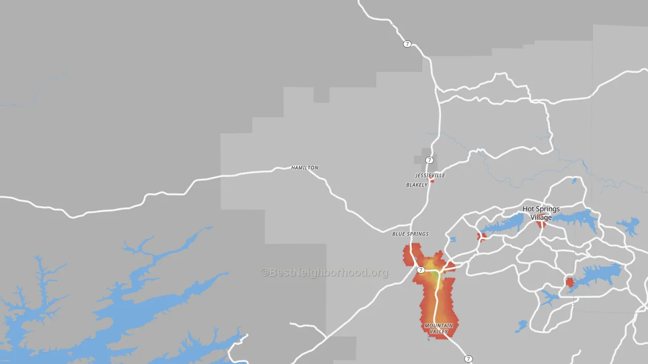 Walk Grade map of Jessieville, AR, walkable areas in green and car-dependent areas in red