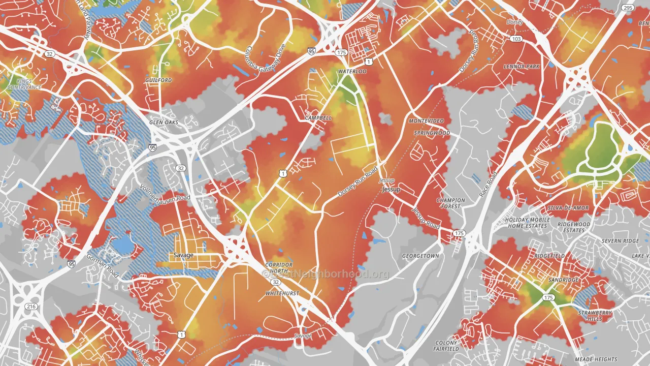 Walk Grade map of Jessup, MD, walkable areas in green and car-dependent areas in red
