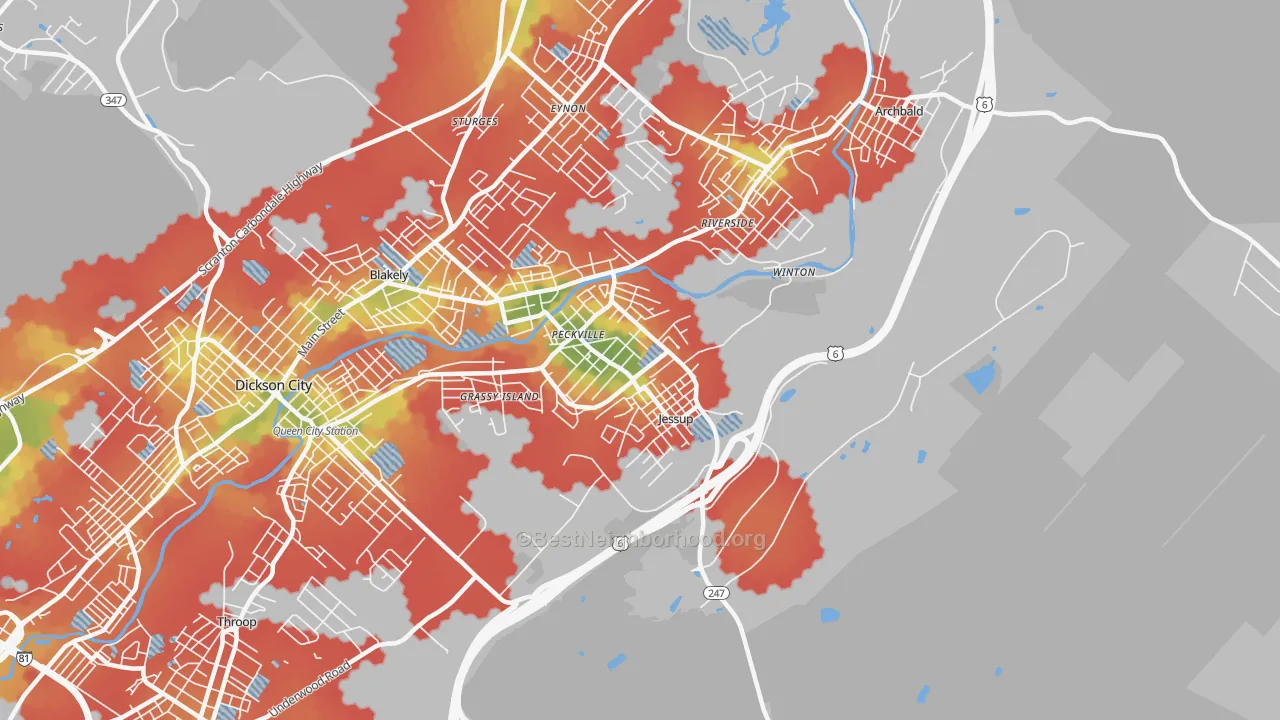 Walk Grade map of Jessup, PA, walkable areas in green and car-dependent areas in red