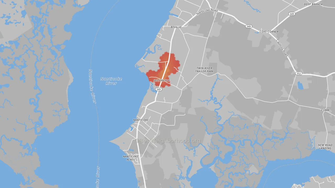 Walk Grade map of Jesterville, MD, walkable areas in green and car-dependent areas in red