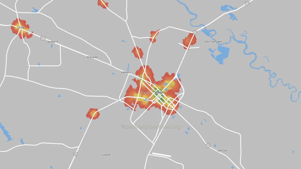 Walk Grade map of Jesup, GA, walkable areas in green and car-dependent areas in red