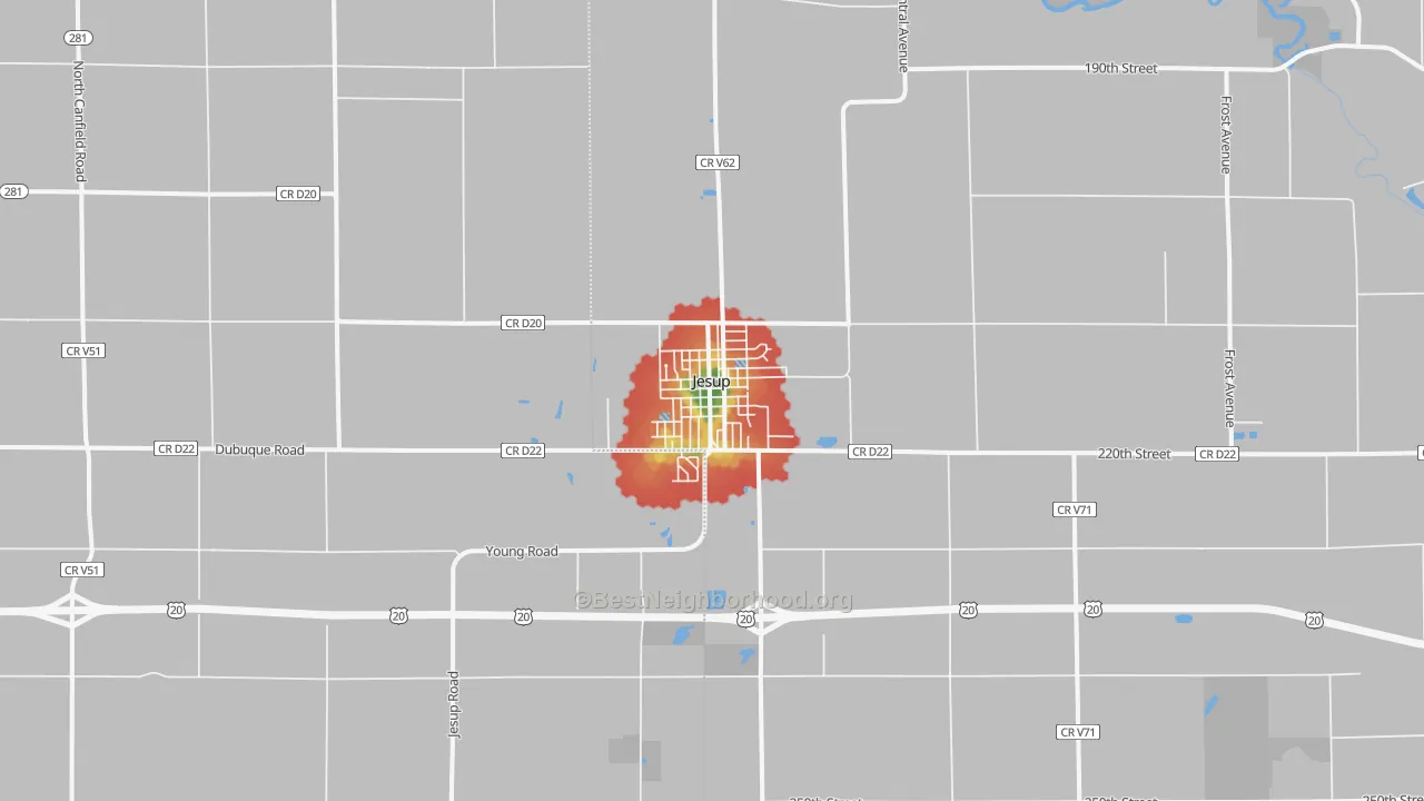 Walk Grade map of Jesup, IA, walkable areas in green and car-dependent areas in red