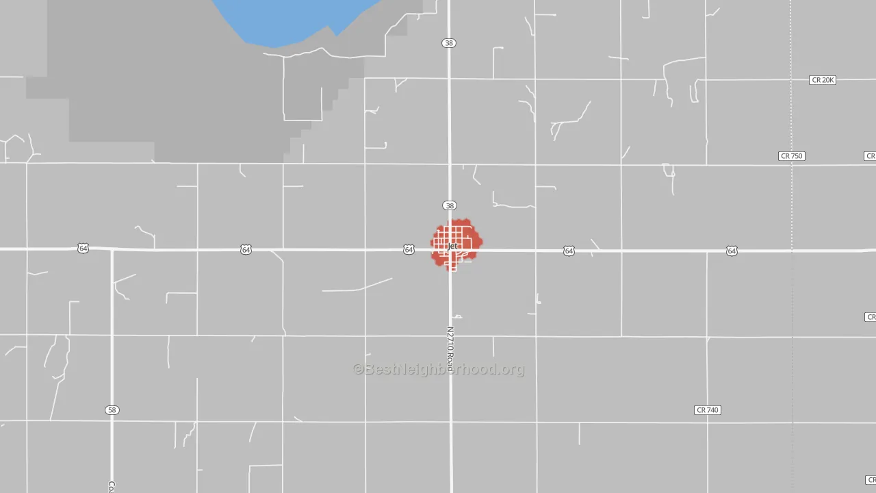Walk Grade map of Jet, OK, walkable areas in green and car-dependent areas in red