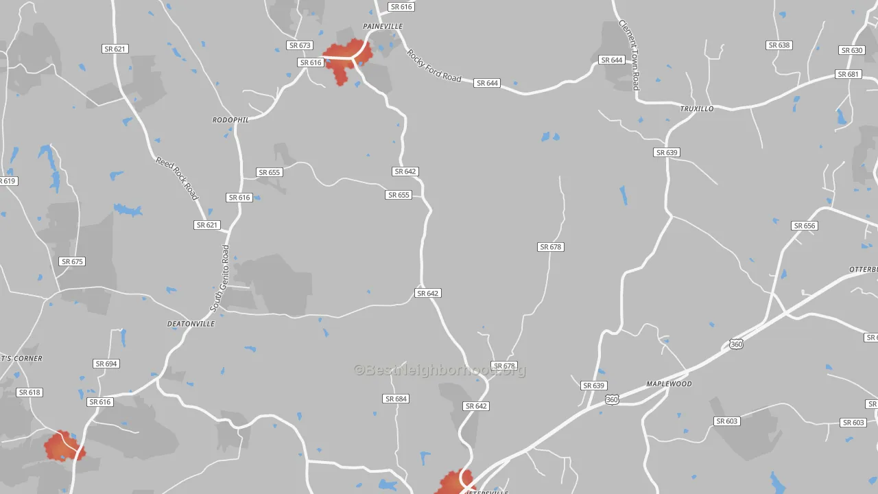 Walk Grade map of Jetersville, VA, walkable areas in green and car-dependent areas in red