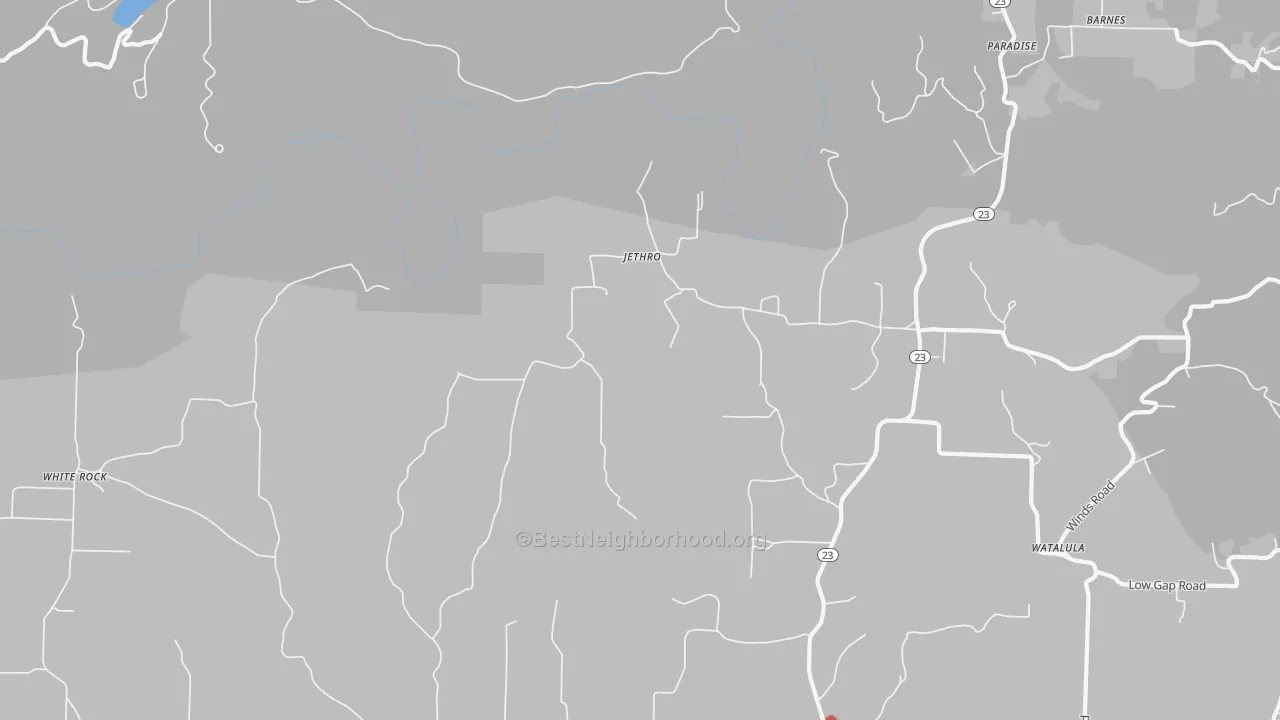 Walk Grade map of Jethro, AR, walkable areas in green and car-dependent areas in red