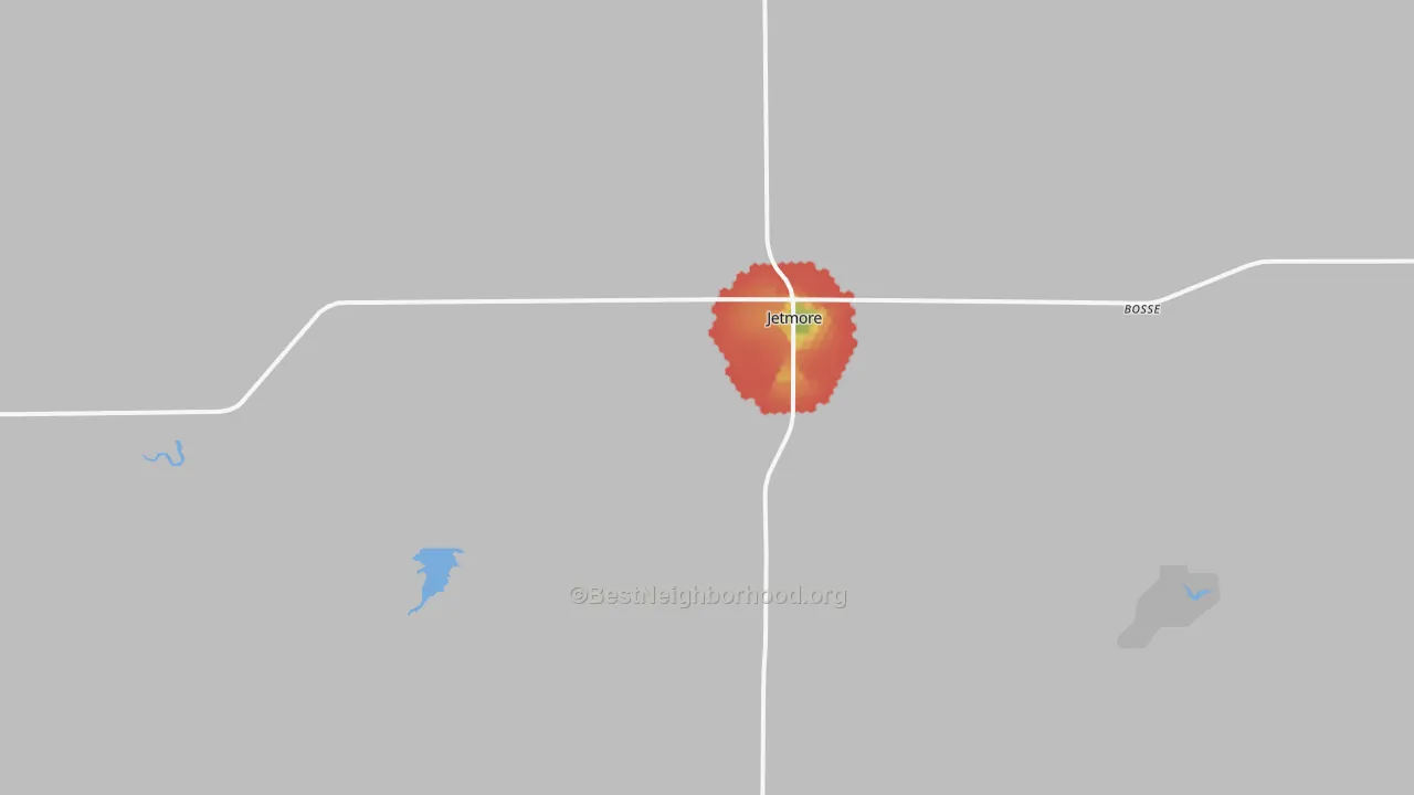 Walk Grade map of Jetmore, KS, walkable areas in green and car-dependent areas in red