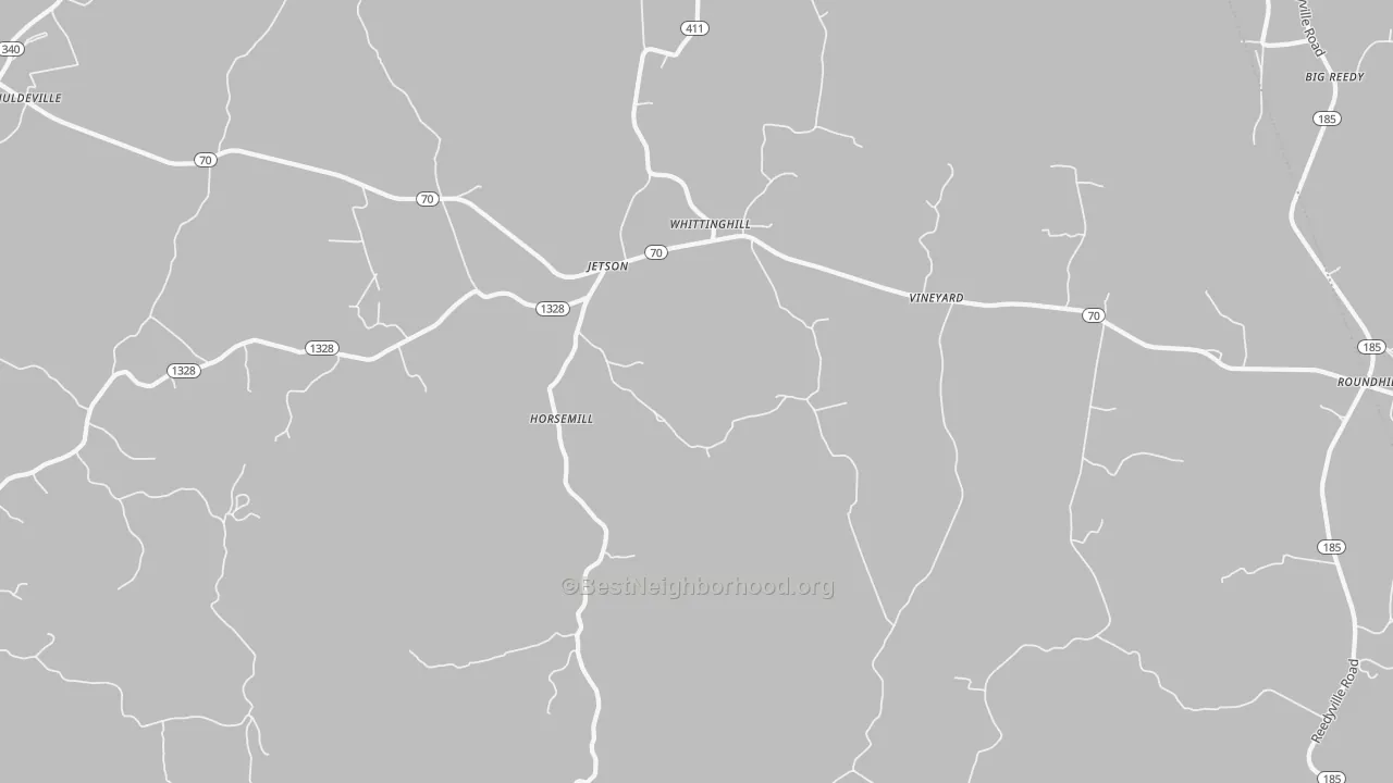 Walk Grade map of Jetson, KY, walkable areas in green and car-dependent areas in red