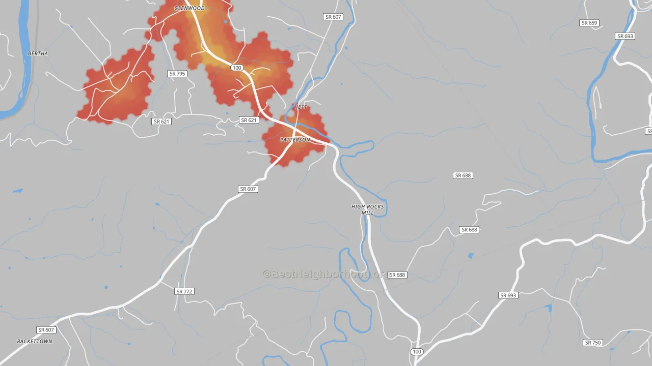 Walk Grade map of Jett, VA, walkable areas in green and car-dependent areas in red