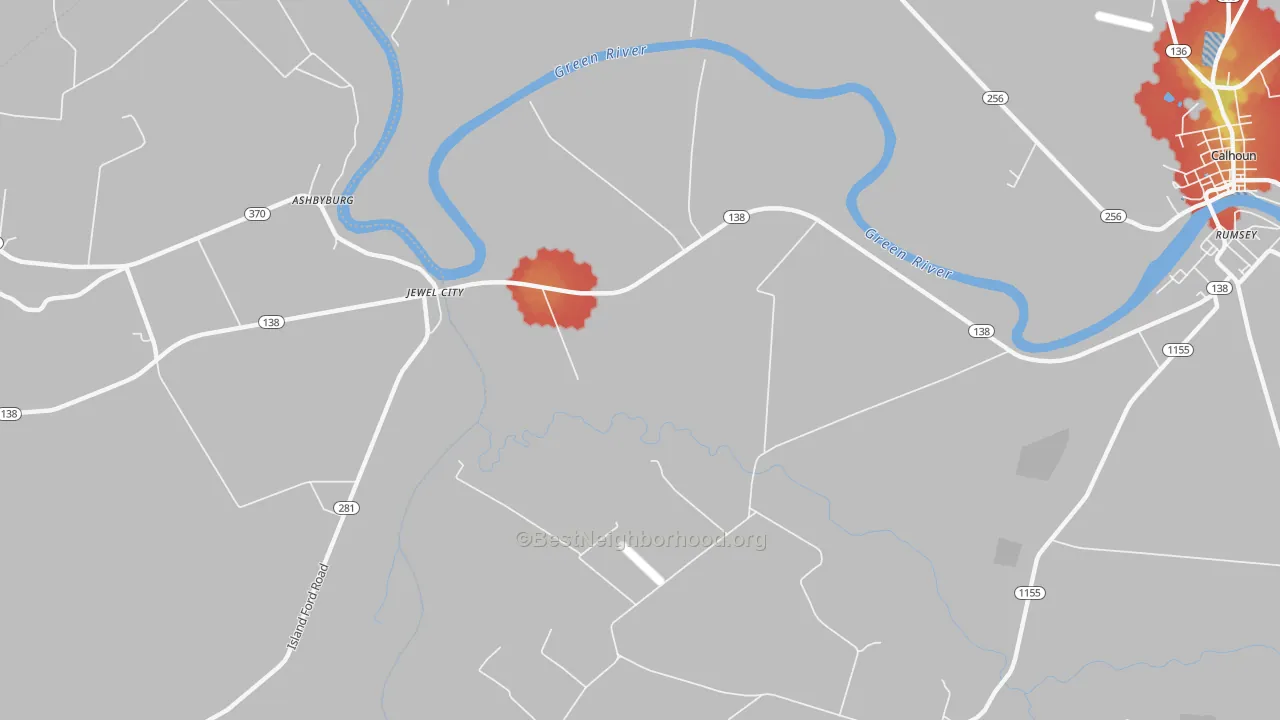 Walk Grade map of Jewel City, KY, walkable areas in green and car-dependent areas in red