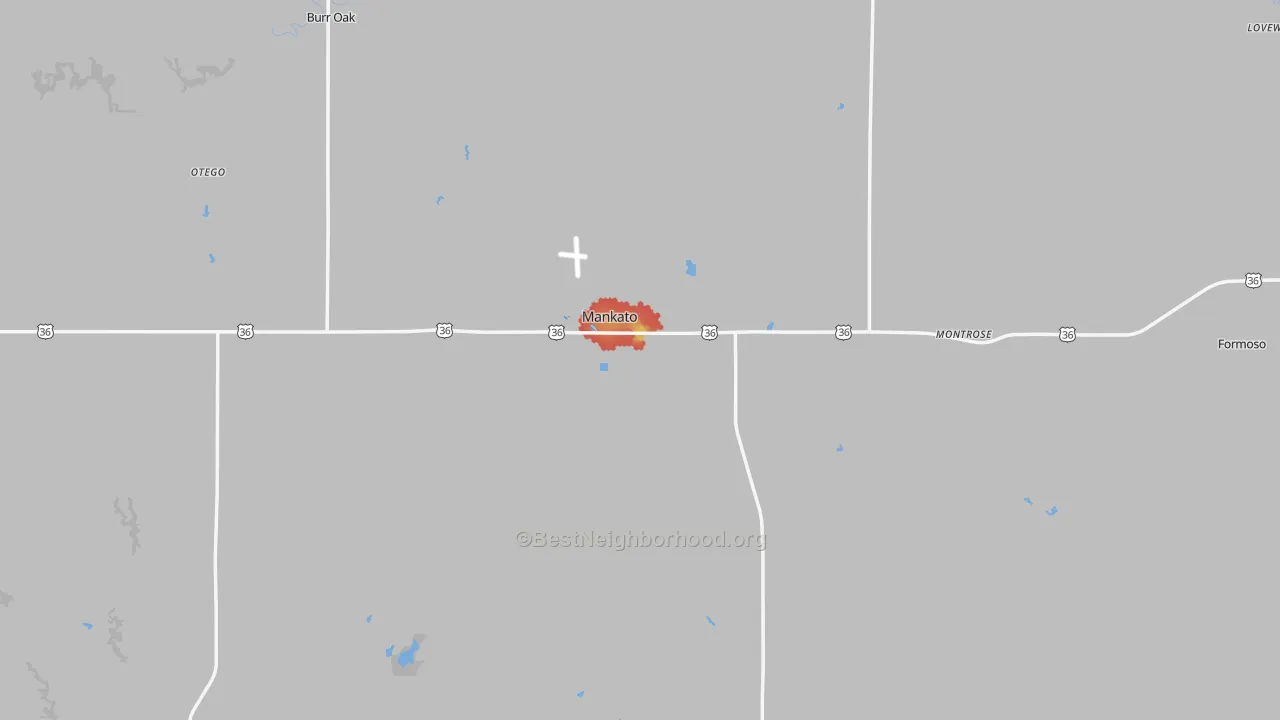 Walk Grade map of Jewell County, KS, walkable areas in green and car-dependent areas in red