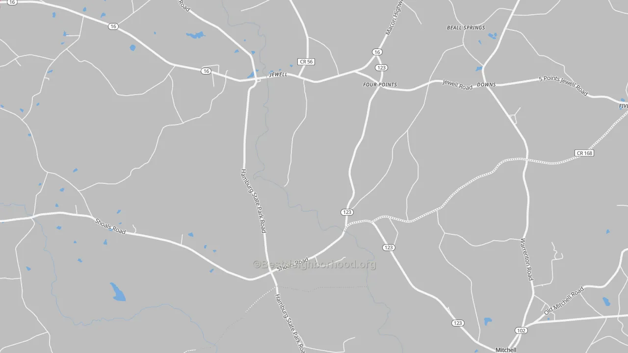 Walk Grade map of Jewell, GA, walkable areas in green and car-dependent areas in red