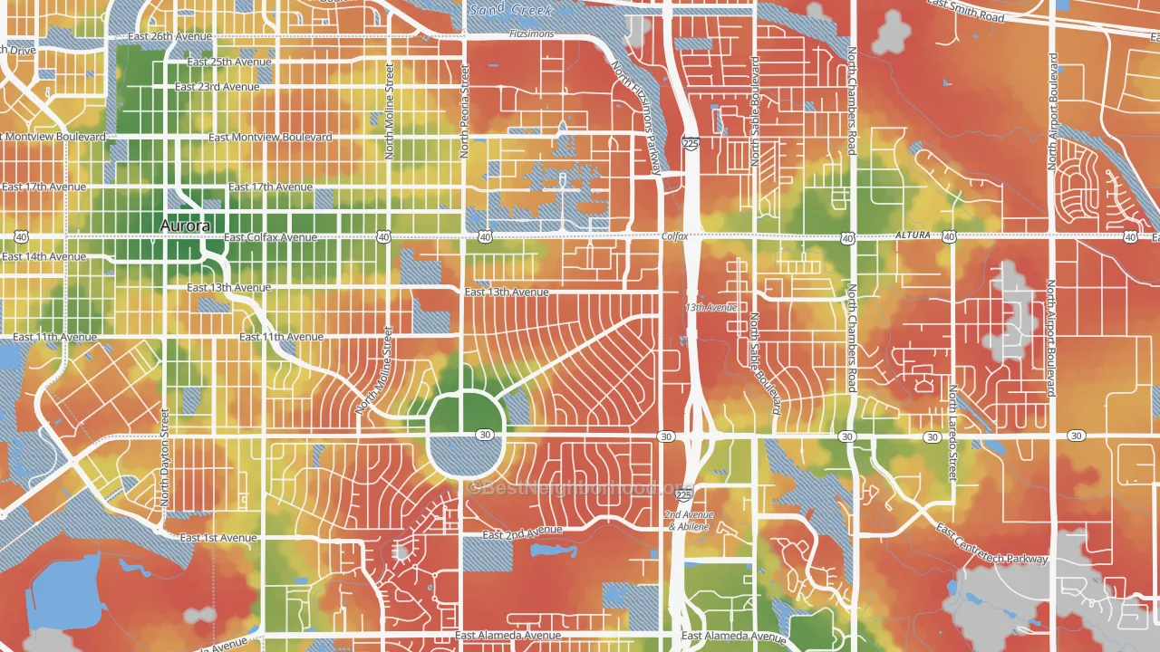 Walk Grade map of Jewell Heights-Hoffman Heights, Aurora, CO, walkable areas in green and car-dependent areas in red