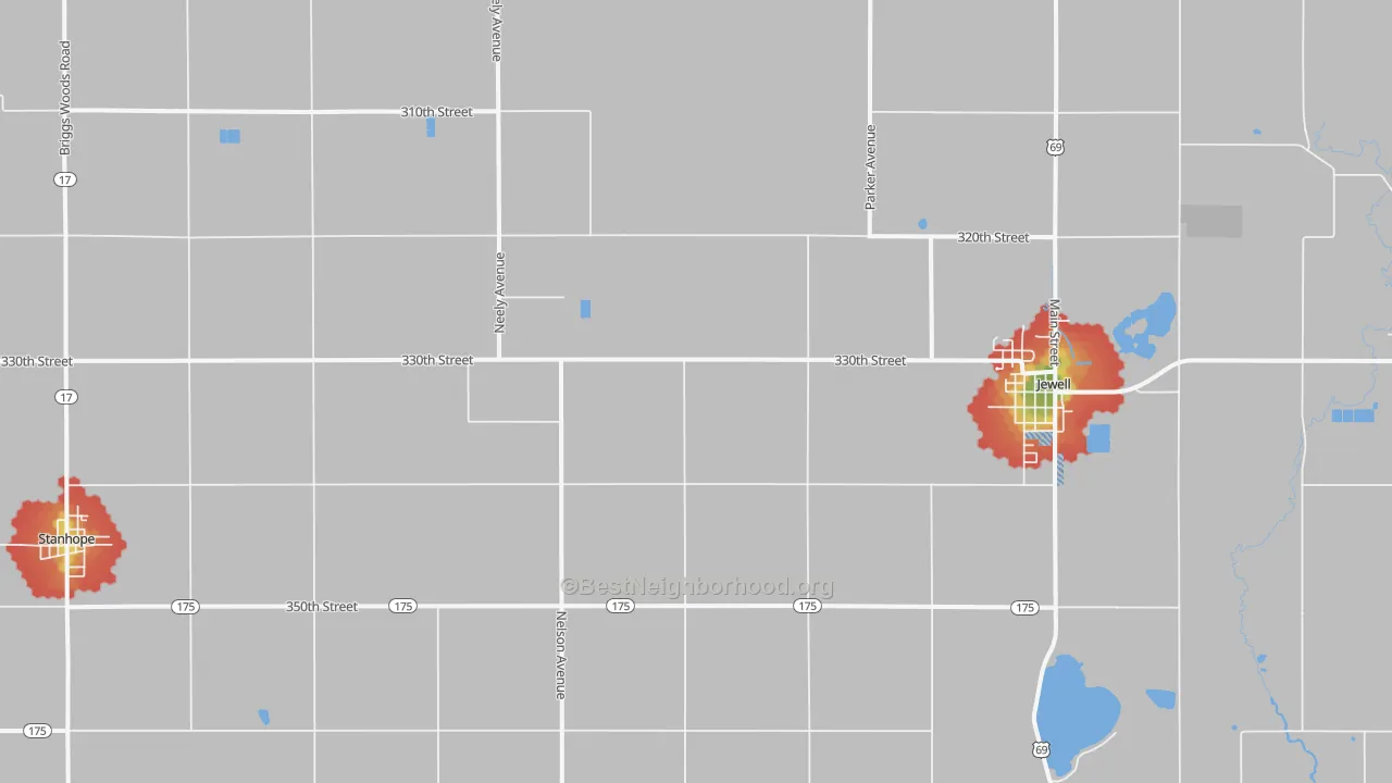 Walk Grade map of Jewell, IA, walkable areas in green and car-dependent areas in red