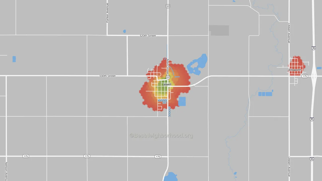 Walk Grade map of Jewell Junction, IA, walkable areas in green and car-dependent areas in red