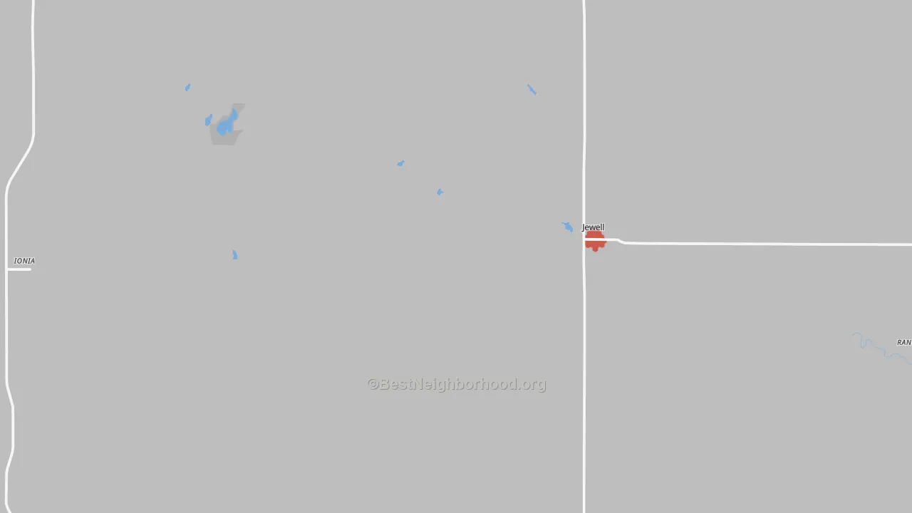 Walk Grade map of Jewell, KS, walkable areas in green and car-dependent areas in red