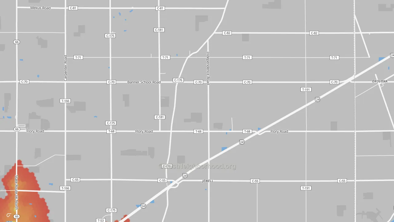 Walk Grade map of Jewell, OH, walkable areas in green and car-dependent areas in red