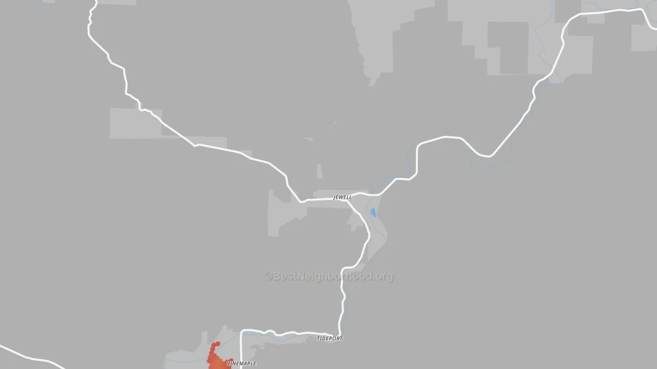 Walk Grade map of Jewell, OR, walkable areas in green and car-dependent areas in red