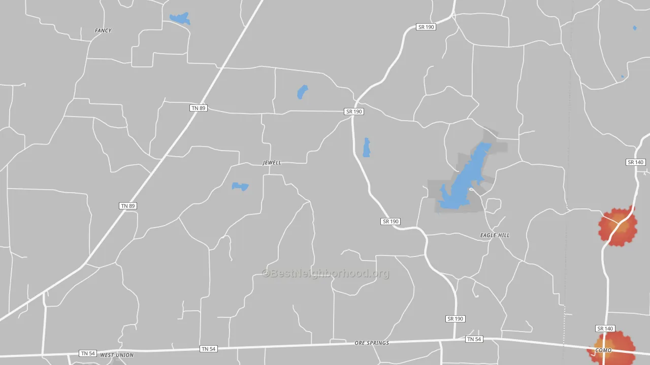 Walk Grade map of Jewell, TN, walkable areas in green and car-dependent areas in red