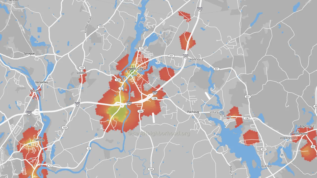 Walk Grade map of Jewett City, CT, walkable areas in green and car-dependent areas in red