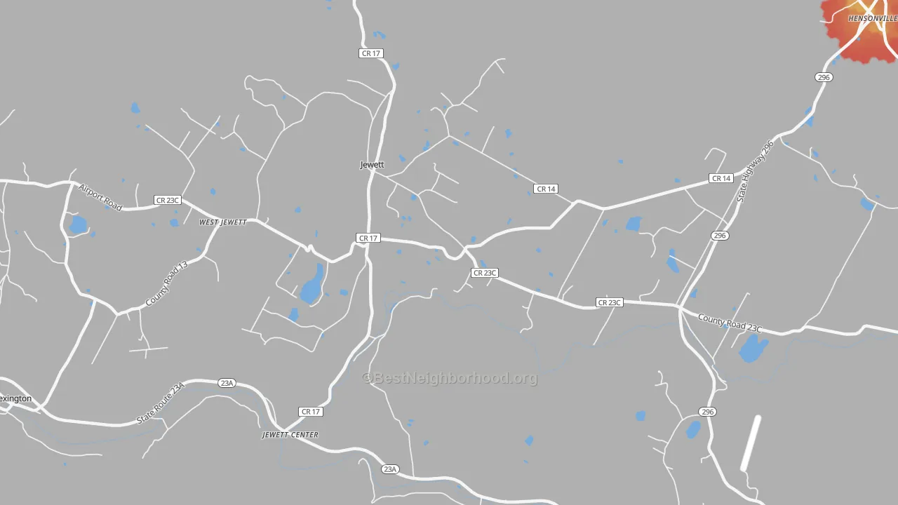 Walk Grade map of Jewett, NY, walkable areas in green and car-dependent areas in red