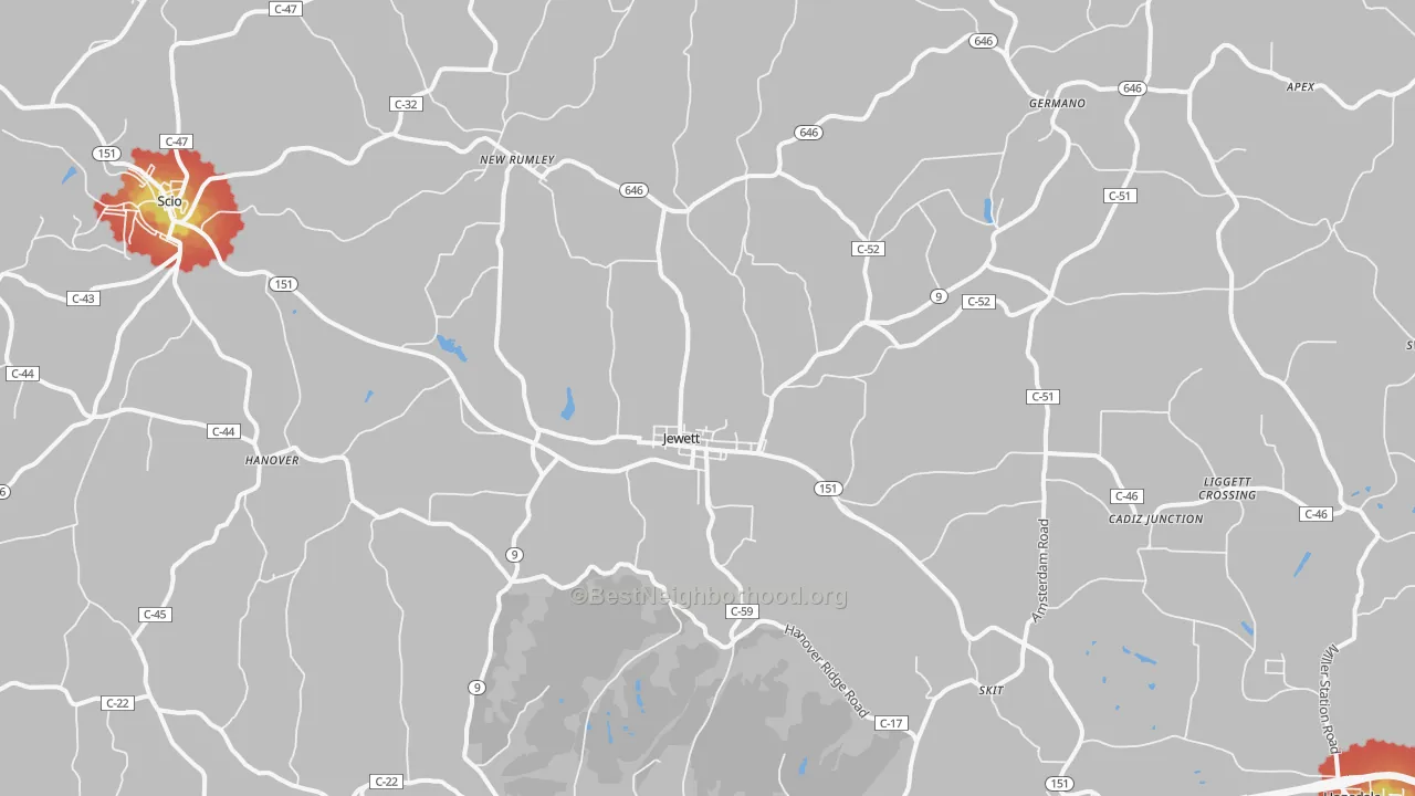 Walk Grade map of Jewett, OH, walkable areas in green and car-dependent areas in red