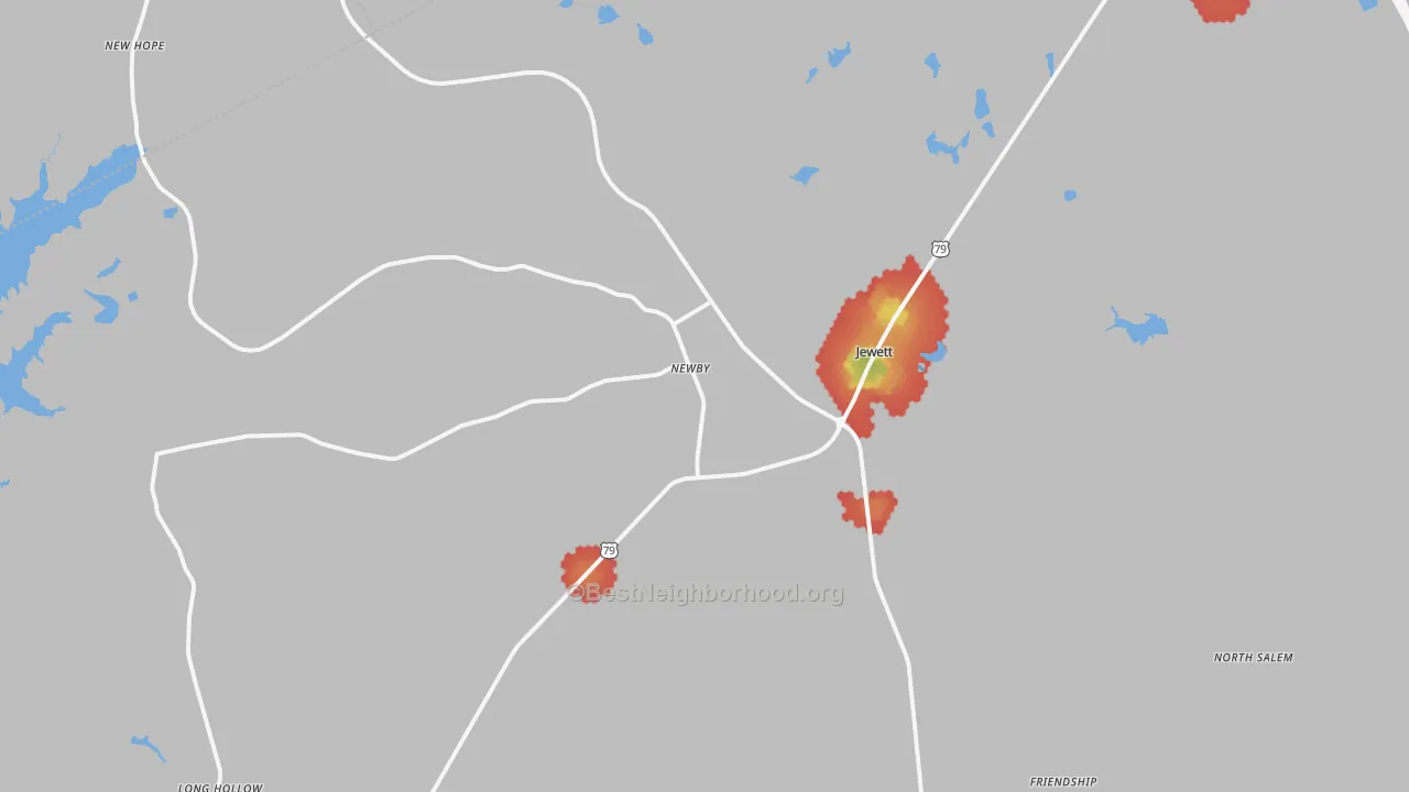 Walk Grade map of Jewett, TX, walkable areas in green and car-dependent areas in red