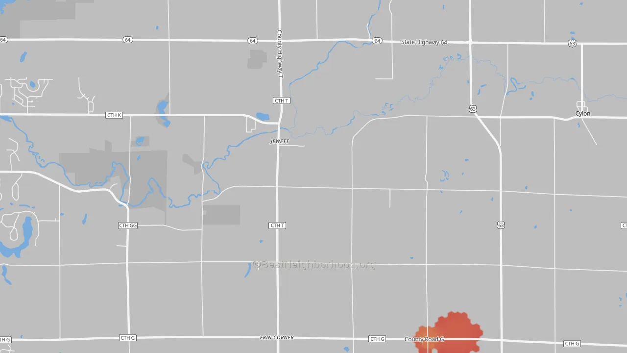 Walk Grade map of Jewett, WI, walkable areas in green and car-dependent areas in red