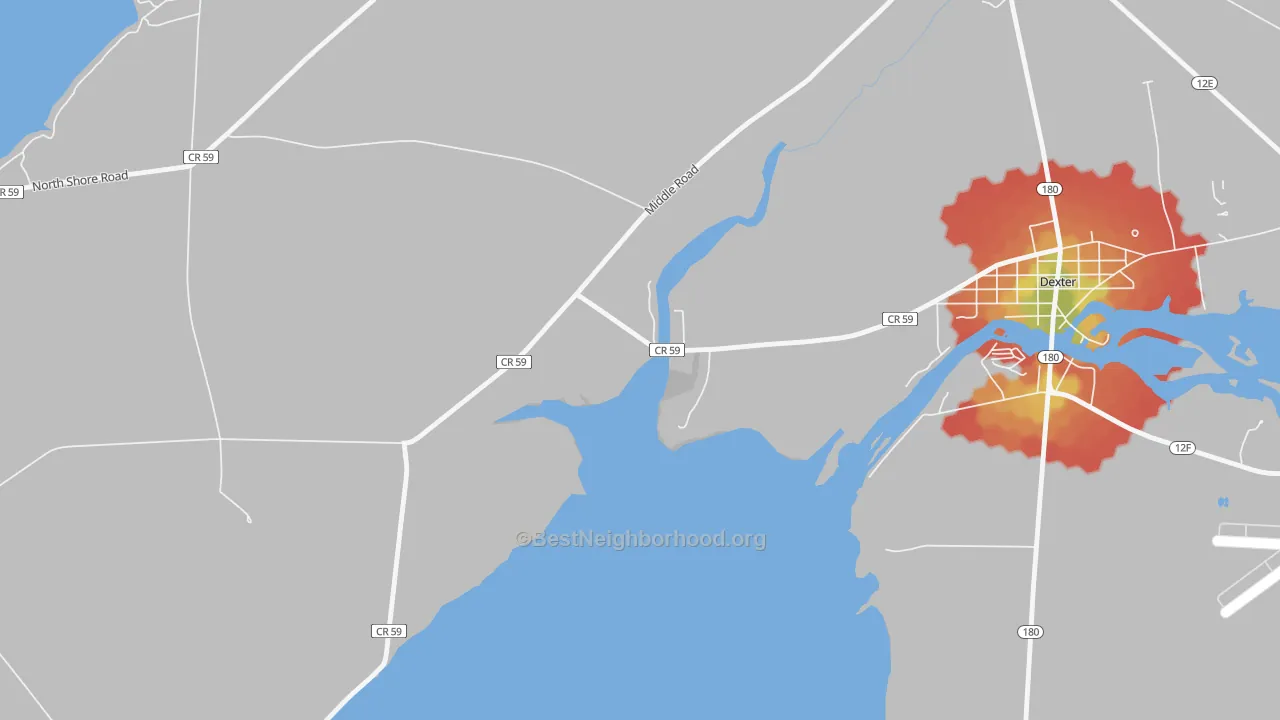 Walk Grade map of Jewettville, NY, walkable areas in green and car-dependent areas in red