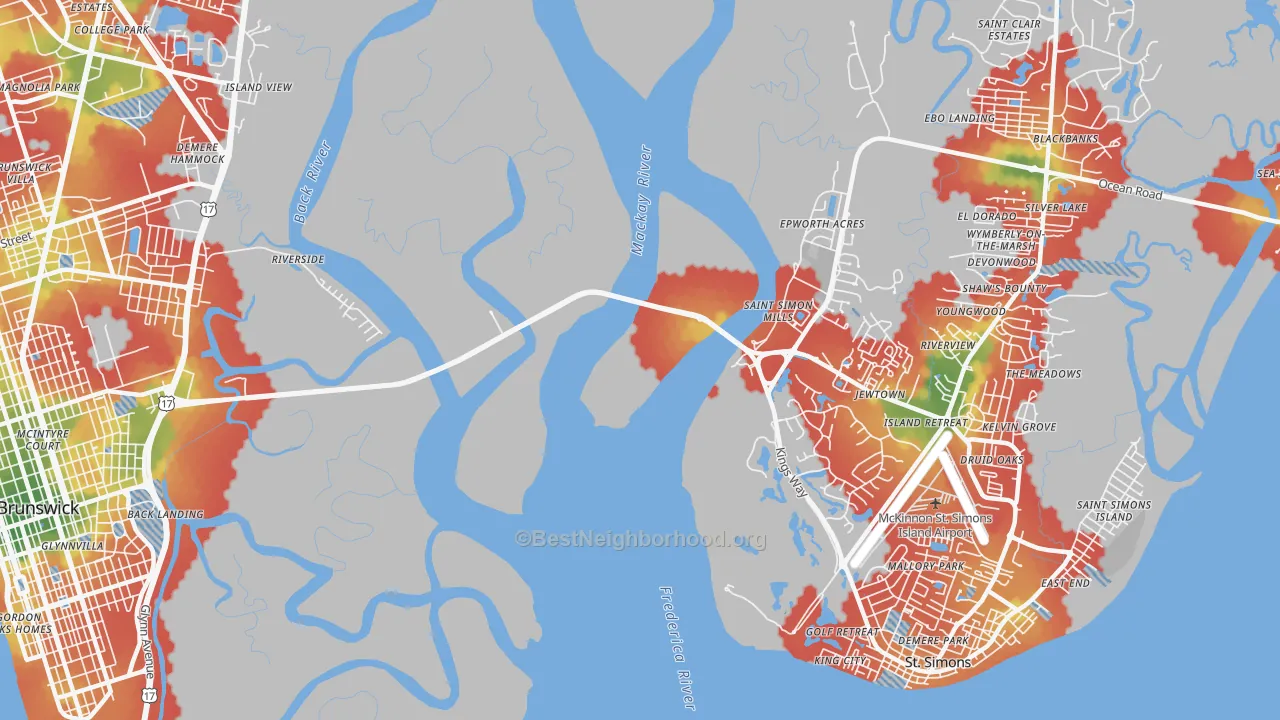 Walk Grade map of Jewtown, GA, walkable areas in green and car-dependent areas in red