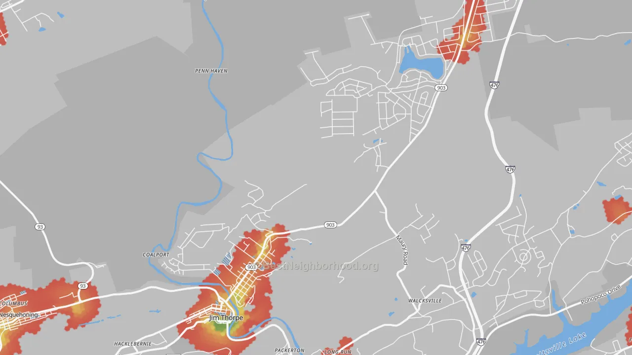 Walk Grade map of Jim Thorpe, PA, walkable areas in green and car-dependent areas in red